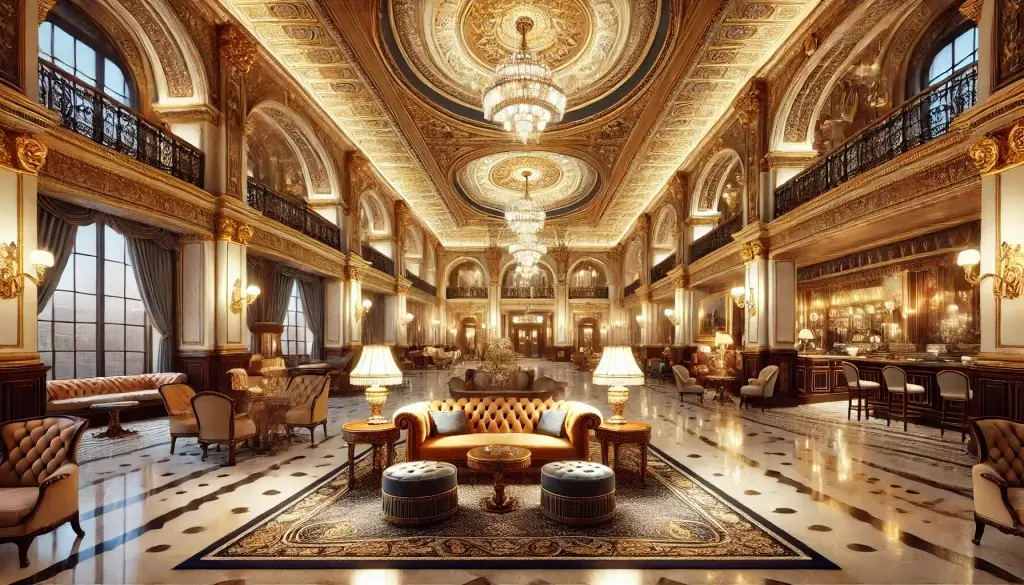 A luxurious hotel lobby reminiscent of the Grand Hotel era of the 19th century. High ceilings with opulent chandeliers shine above, creating a harmonious space with refined furnishings and marble flooring.