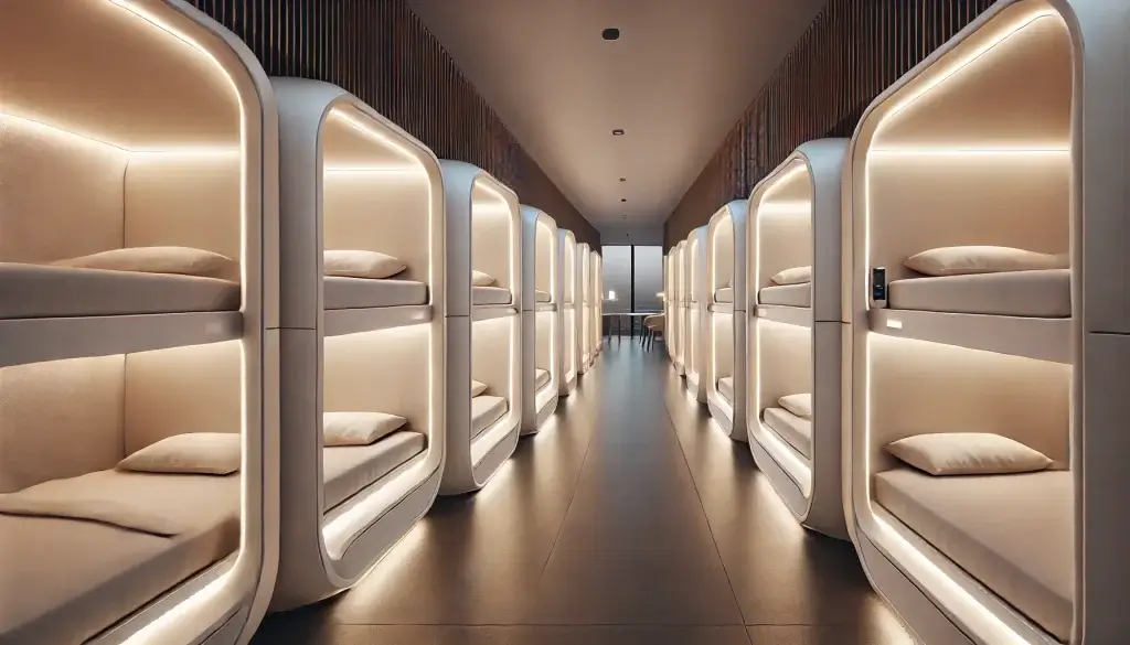 Modern, minimalist capsule hotel interior with sleek sleeping pods and soft ambient lighting in a compact space