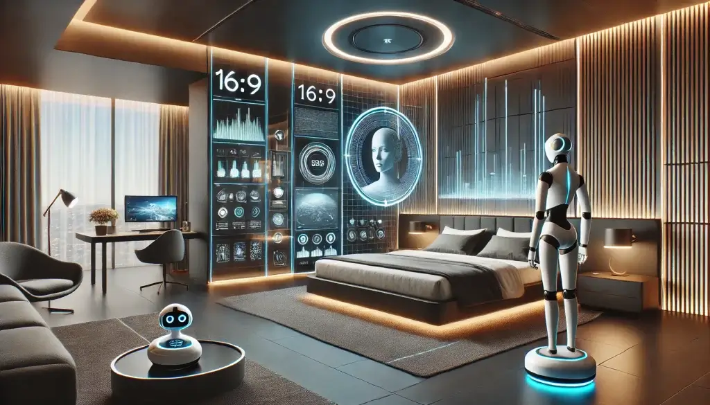 A futuristic hotel room, enhanced with advanced technology for a comfortable and smart living space.