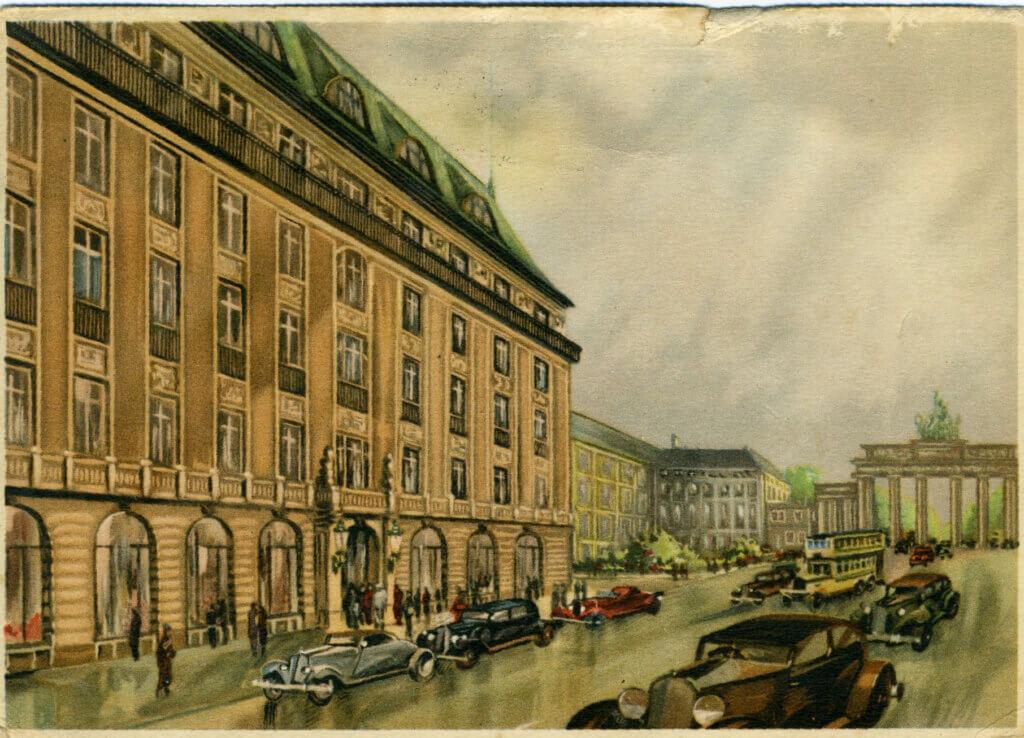 Hotel Adlon Berlin postcard sent to Nottingham 102 Leslie road [perhaps student accommodation] 8 July 1937 Unter den Linden 1.