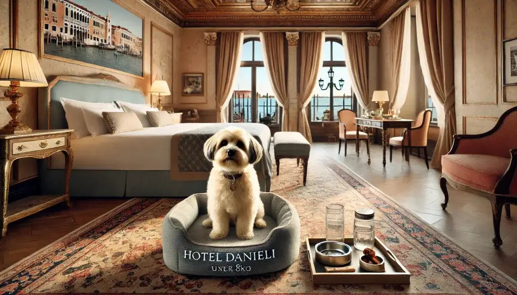 An illustrated depiction of a luxurious, pet-friendly guest room at Hotel Danieli.